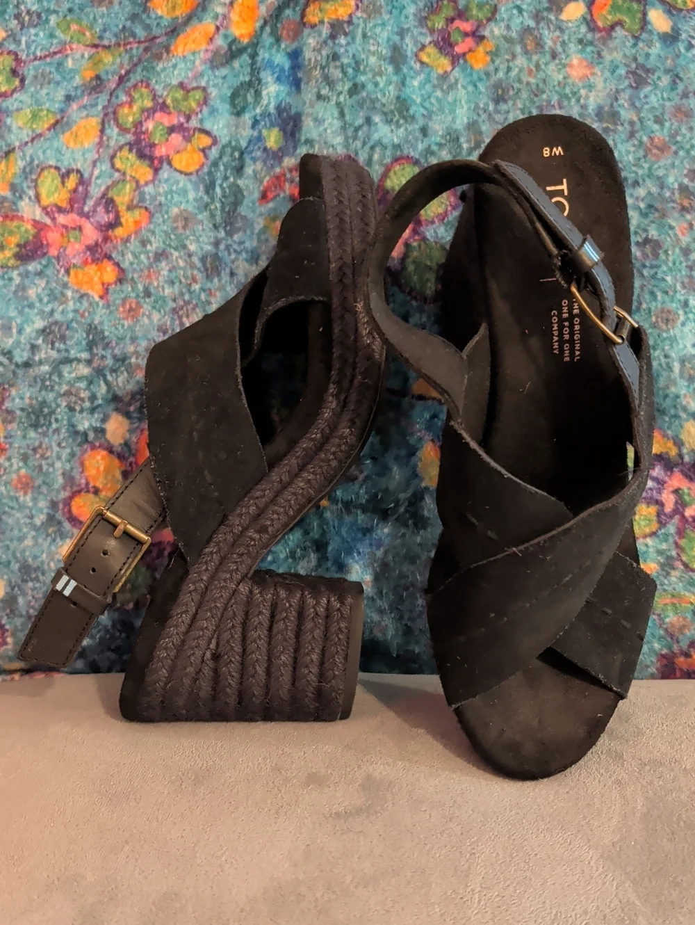 Toms Black Suede Crisscross Platform Wedge Sandals, Size 8